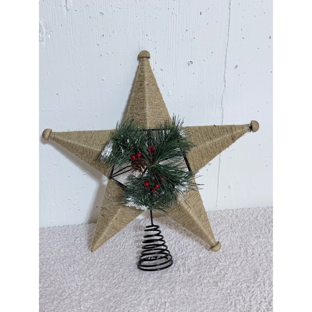 Rustic Jute Twine Star Christmas Tree Topper Pinecone Berries Farmhouse Decor